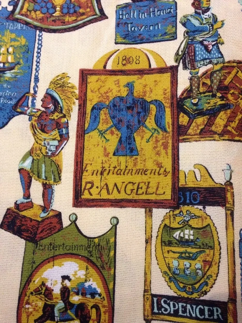 Vintage 70s Retro Faux Colonial Old Fashioned Tavern Signs Printed Fabric 5 yds